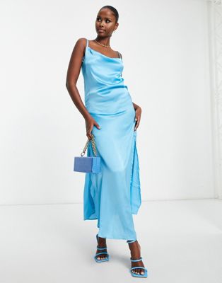 Miss Selfridge corset mini prom dress in bonded satin in blue