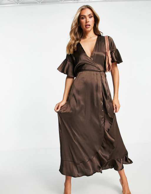 Wrap Satin Dress Brown