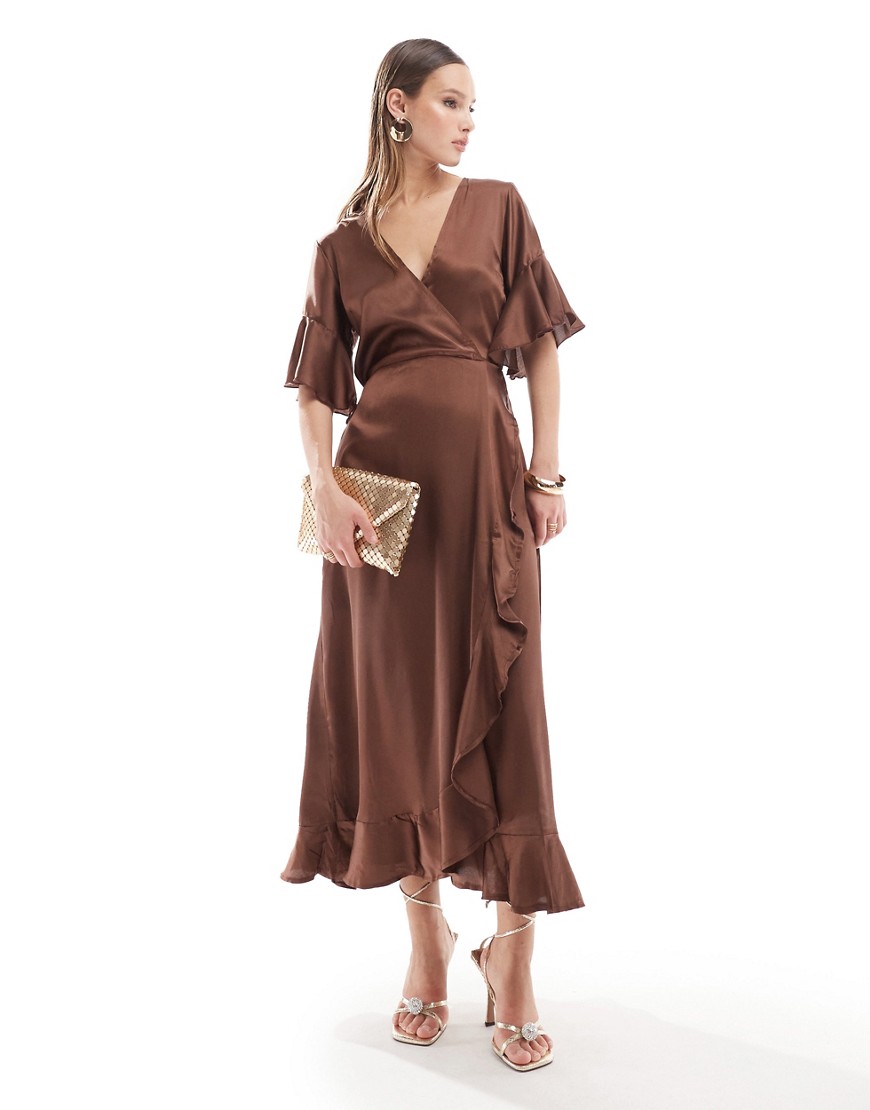 Bardot Ax Paris Satin Wrap Dress In Brown