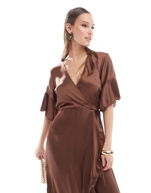 AX Paris satin wrap dress in brown | ASOS