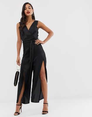 AX Paris satin wrap jumpsuit-Black