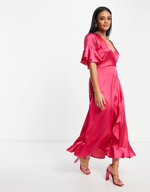 AX Paris satin wrap midi dress in fuschia