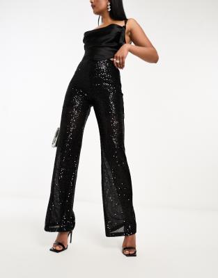 sequin straight leg pants in black