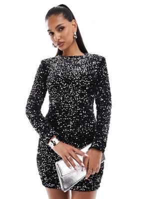 AX Paris sequin structured long sleeve mini dress in black | ASOS