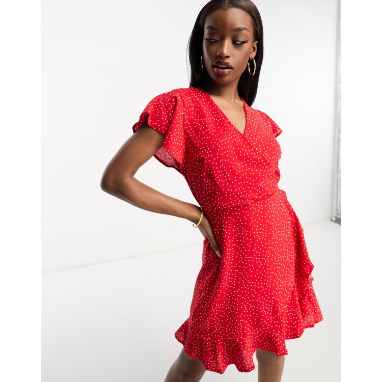 Red And White Polka Dot Bardot Style Mini Dress – AX Paris