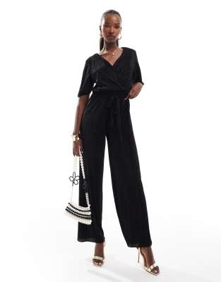 short sleeve plisse wrap jumpsuit in black