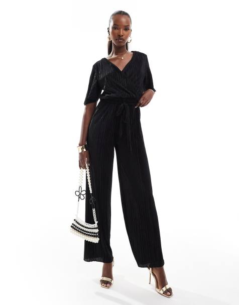 AX Paris short sleeve plisse wrap jumpsuit in black - view 1