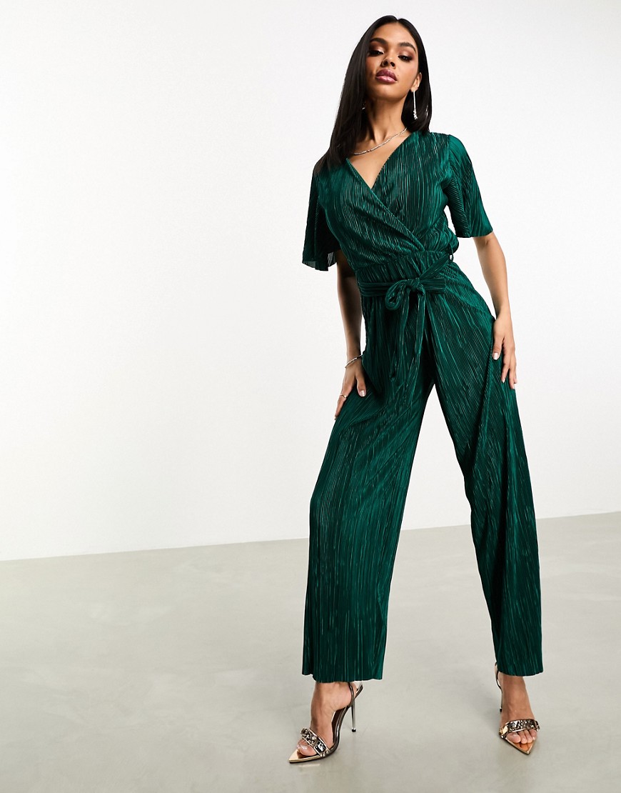 short sleeve plisse wrap jumpsuit in emerald green