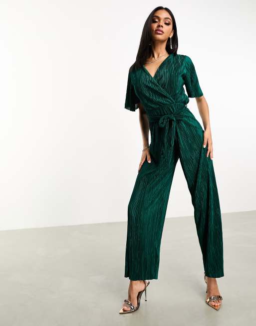 Petite Palm Print Wrap Front Jumpsuit