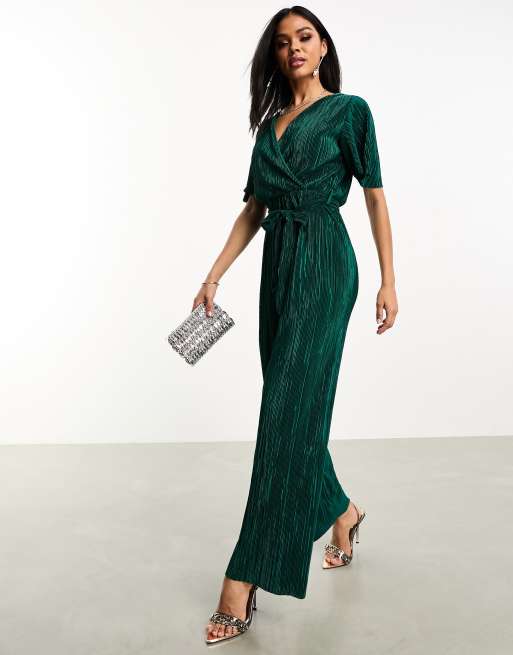 AX Paris short sleeve plisse wrap jumpsuit in emerald green ASOS