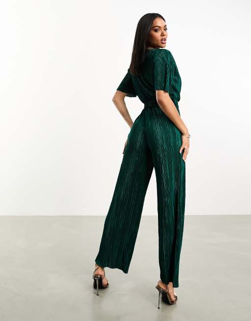 Emerald stature Belted Plisse Jumpsuit