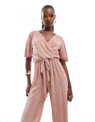 short sleeve plisse wrap jumpsuit in pink