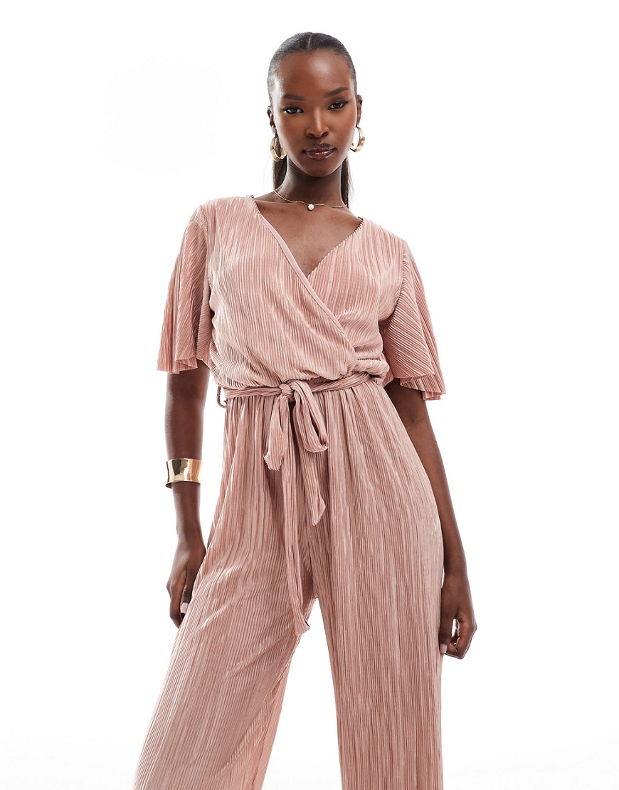 AX Paris short sleeve plisse wrap jumpsuit in pink