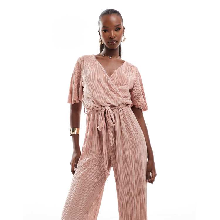 AX Paris short sleeve plisse wrap jumpsuit in pink ASOS