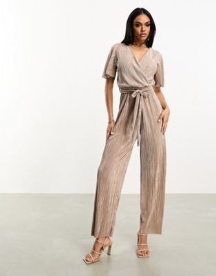 short sleeve plisse wrap jumpsuit in taupe-Neutral