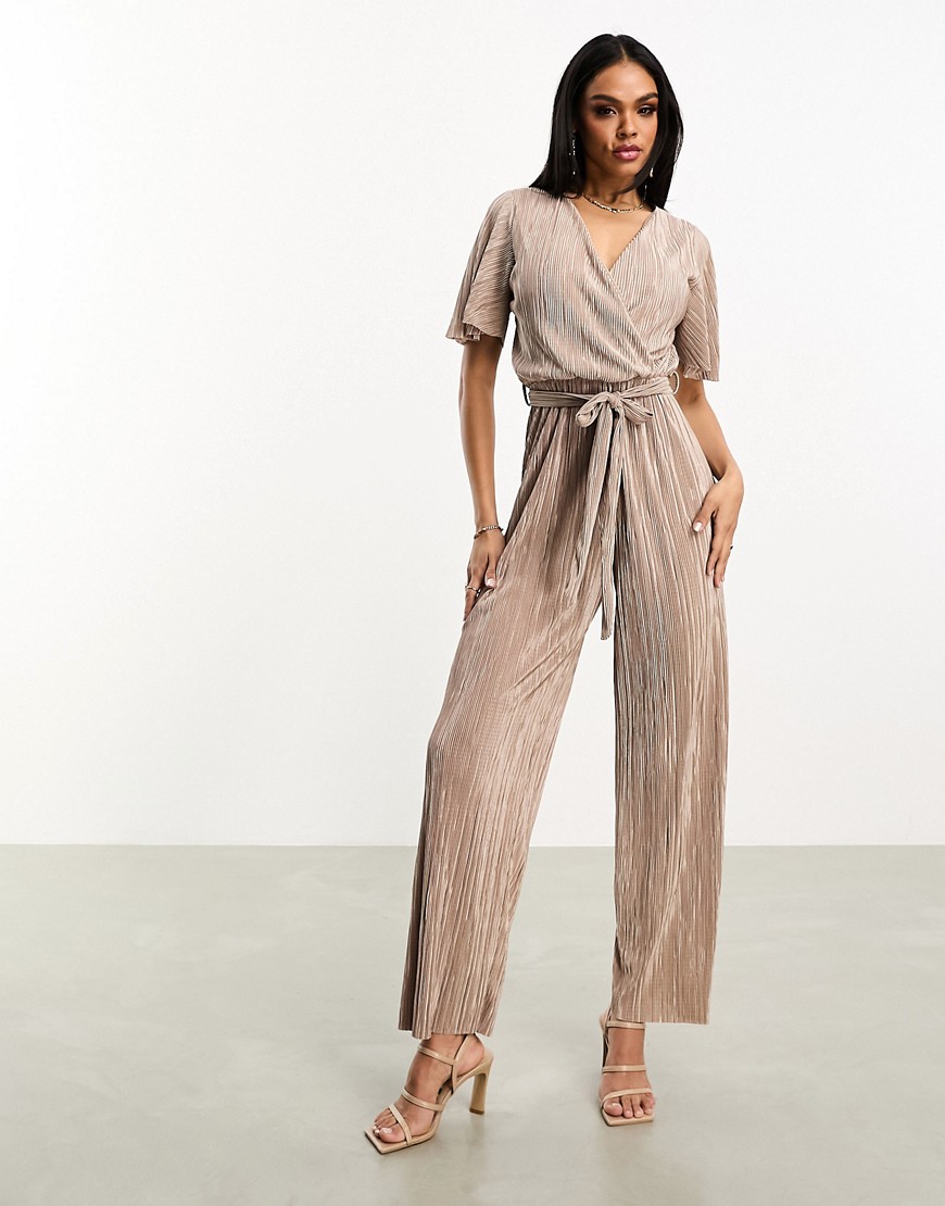 short sleeve plisse wrap jumpsuit in taupe-Neutral