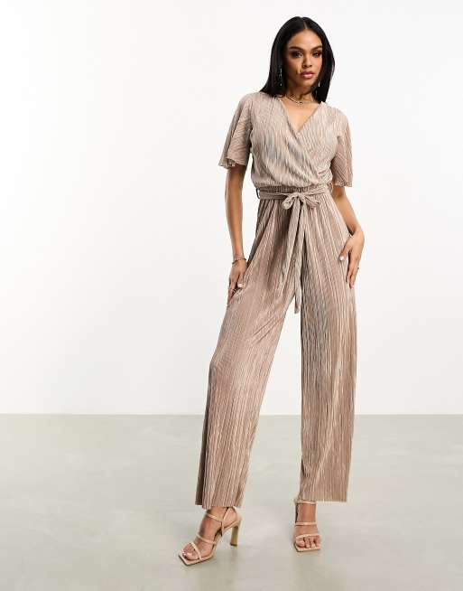 AX Paris short sleeve plisse wrap jumpsuit in taupe