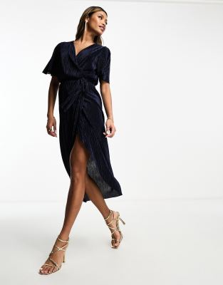 Ax Paris Short Sleeve Wrap Plisse Midi Dress In Navy