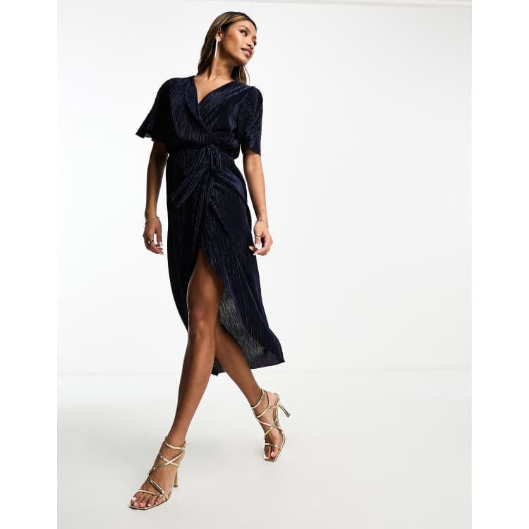 AX Paris short sleeve wrap plisse midi dress in navy ASOS