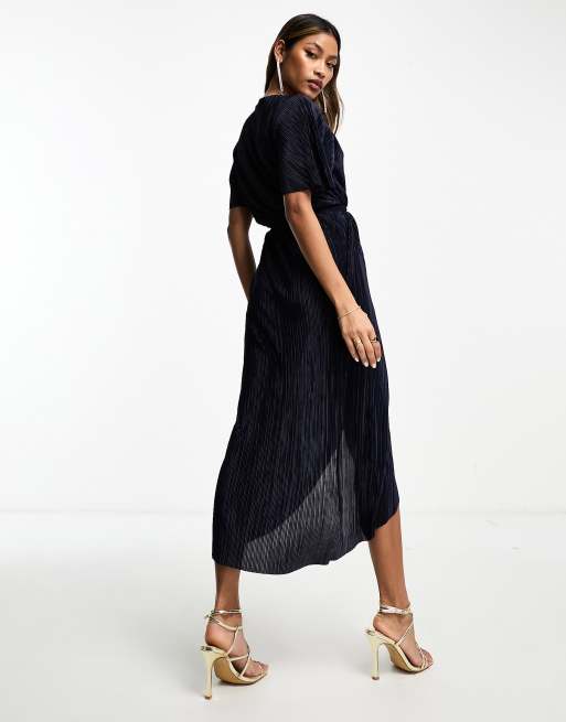 Navy Halter Neck Plisse Gathered Midi Dress – AX Paris