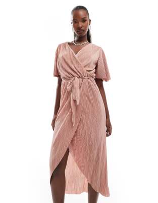 Buy AX Paris short sleeve wrap plisse midi dress in pink Online