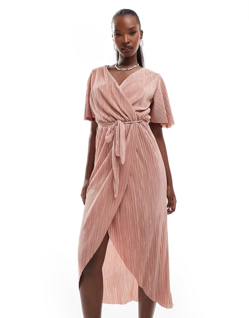AX Paris short sleeve wrap plisse midi dress in pink