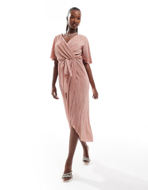 AX Paris short sleeve wrap plisse midi dress in pink ASOS