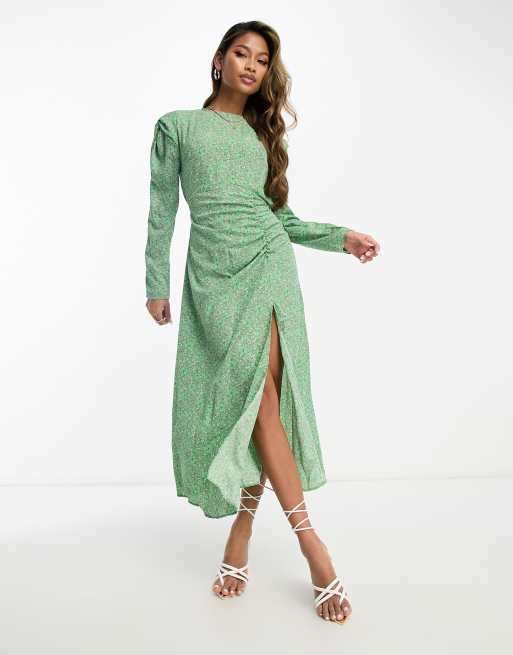 Green Floral Print Woven Split Midaxi Dress