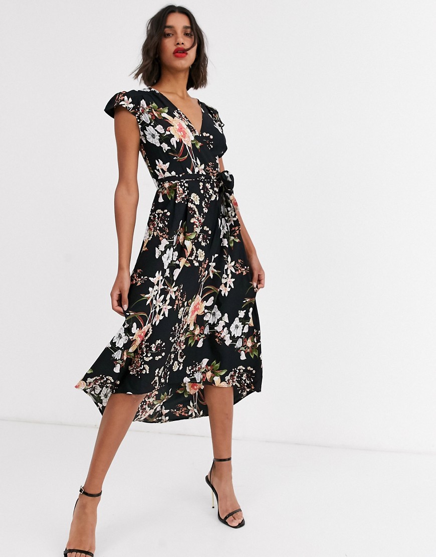 AX Paris - Slå-om kjole i mørke blomster-Multifarvet