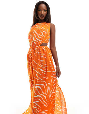 sleeveless cut out midi dress in orange zebra print