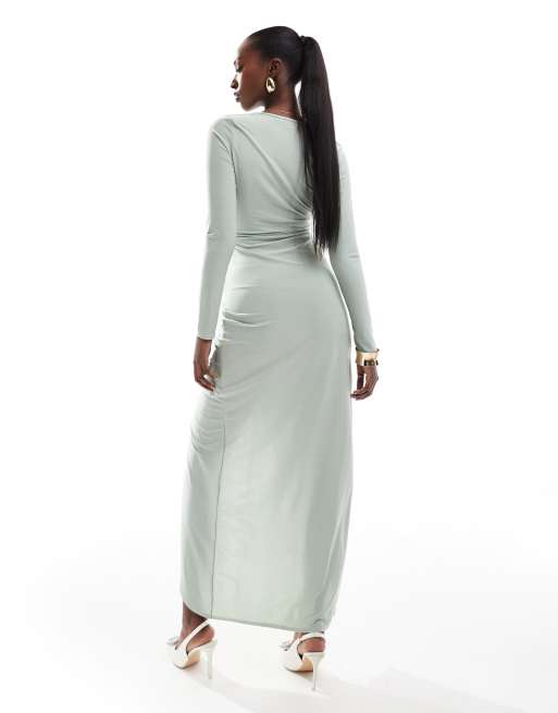 AX Paris slinky long sleeve wrap maxi dress in sage