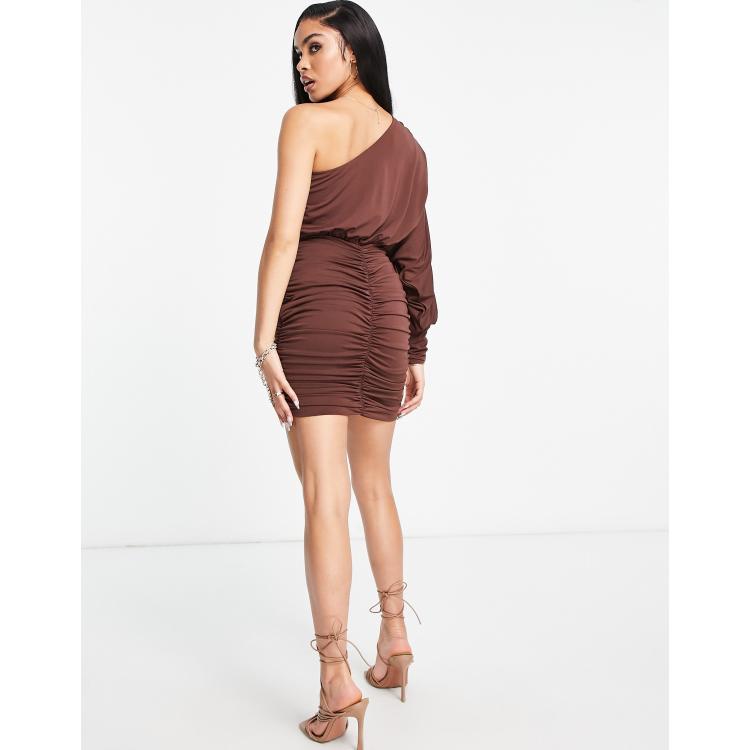 AX Paris slinky one shoulder ruched mini dress in chocolate