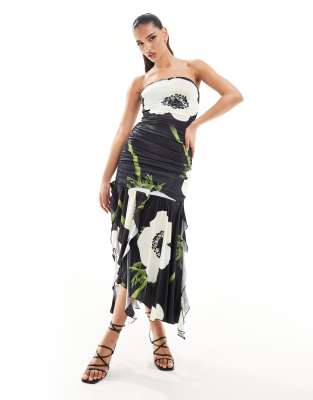 slinky ruched bandeau asymmetric ruffle hem maxi dress in black floral