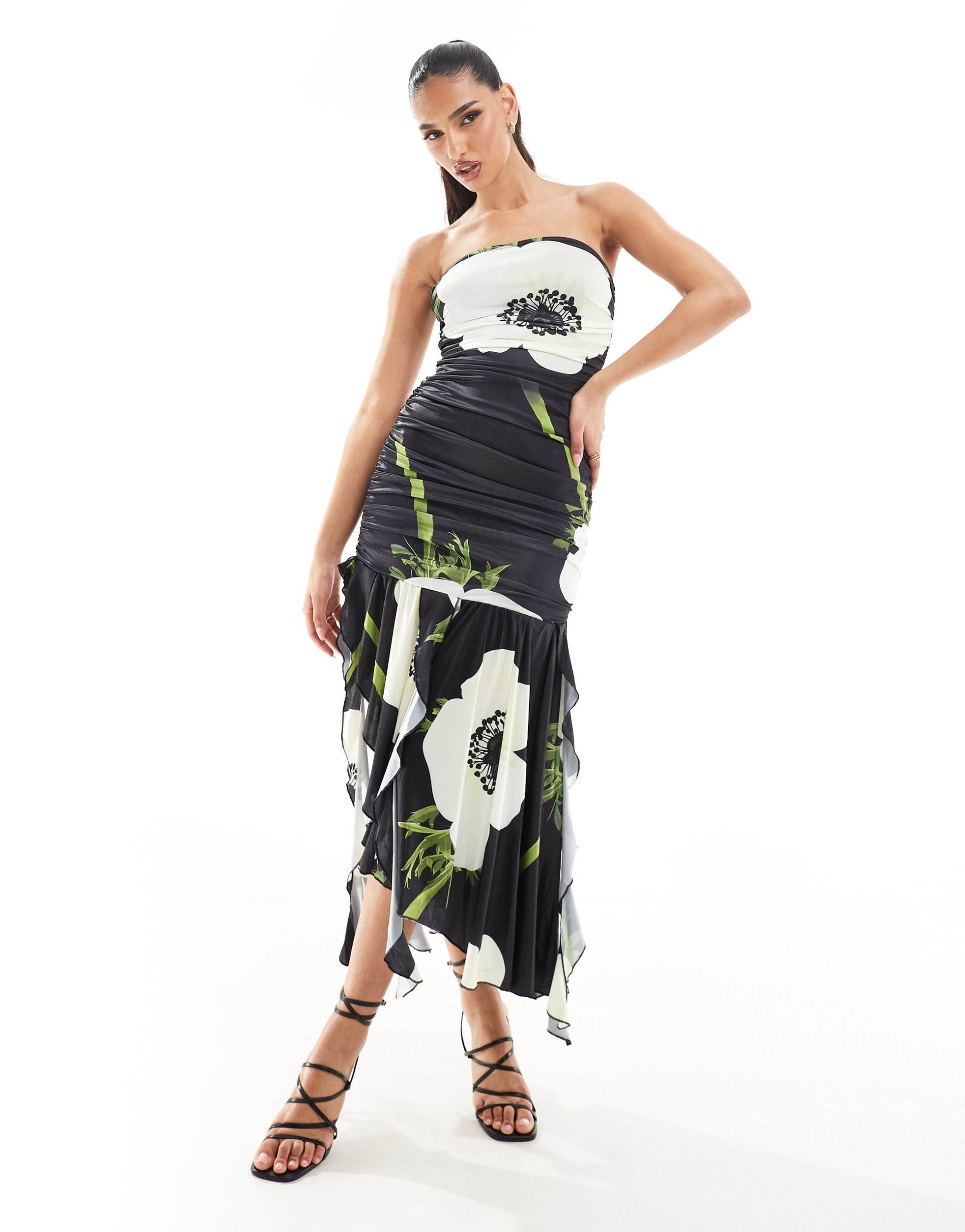 ax paris slinky ruched bandeau asymmetric ruffle hem maxi dress in black floral