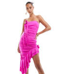 [AX Paris] AX Paris slinky sleeveless bandeau asymmetric ruffle hem mini dress in pink 10 pink