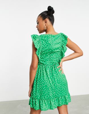 AX Paris square neck frill sleeve polka dot dress in green | ASOS