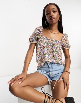 AX Paris square neck puff sleeve top in pink floral