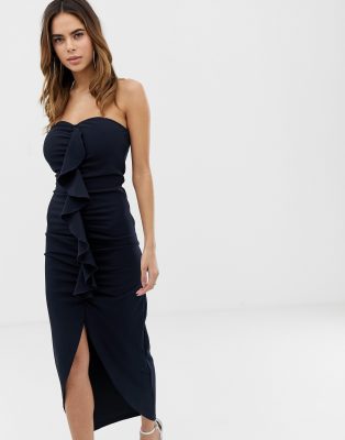 navy strapless midi dress