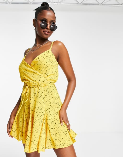 AX Paris strappy polka dot wrap dress in yellow