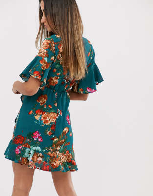 teal floral wrap dress