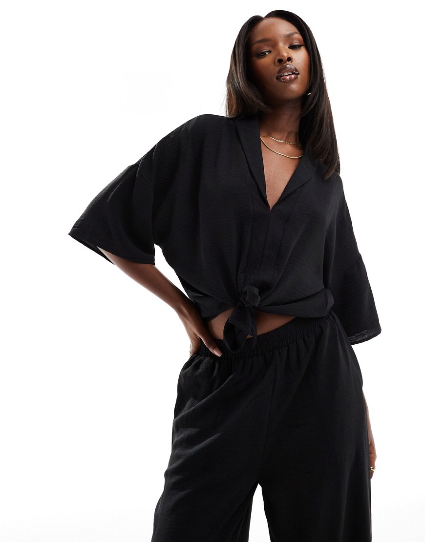 AX Paris textured tie front shirt co-ord in black