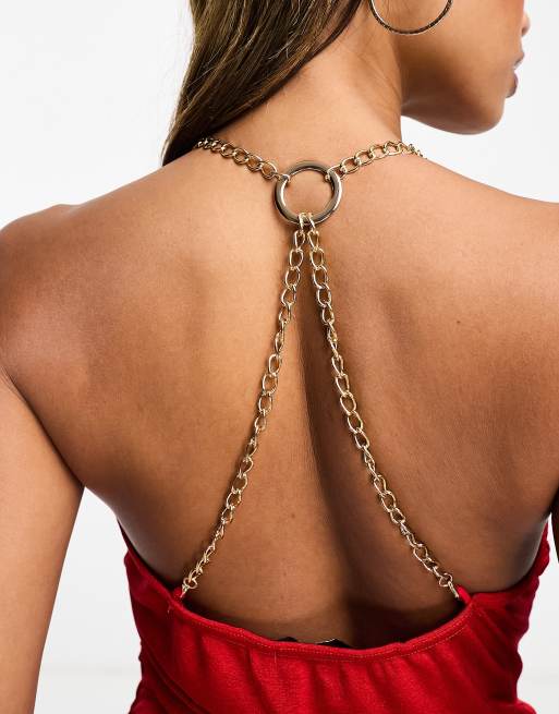 red dress with gold chain straps Red Gold Chain Cutout Bodycon Maxi Dress 8 main image 0