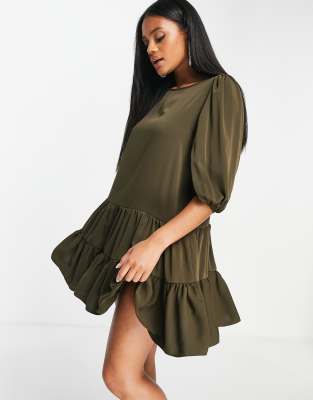 AX Paris tiered smock dress in olive-green