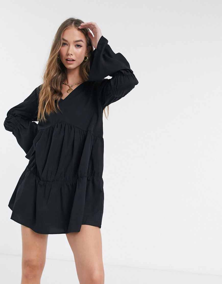 AX Paris tiered smock dress with tiered sleeve in black