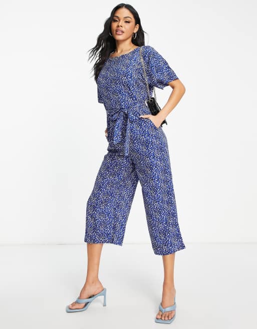 AX Paris - Tuta jumpsuit blu con maniche con volant e stampa animalier