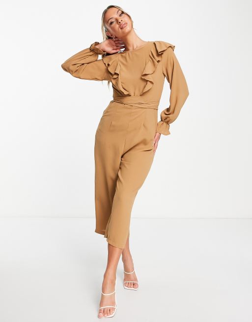 AX Paris - Tuta jumpsuit con volant sul davanti color moka