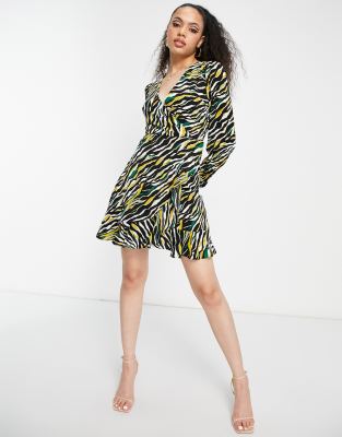 v neck wrap mini dress in zebra-Multi