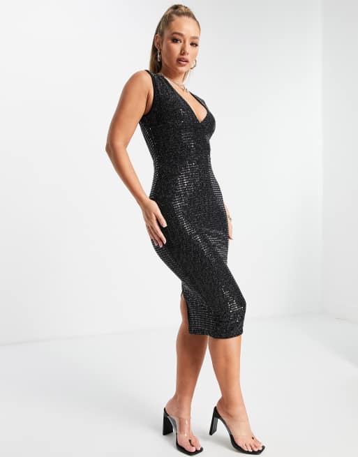AX Paris - Vestito a fascia midi con scollo profondo nero con paillettes 