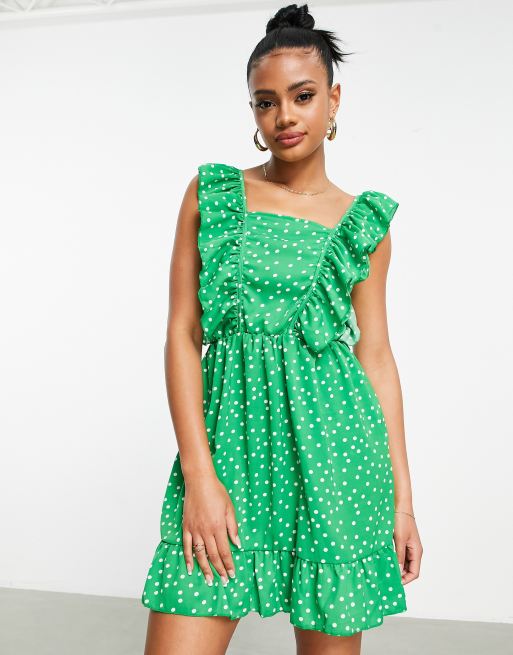 AX Paris - Vestito con scollo quadrato e maniche con volant verde a pois