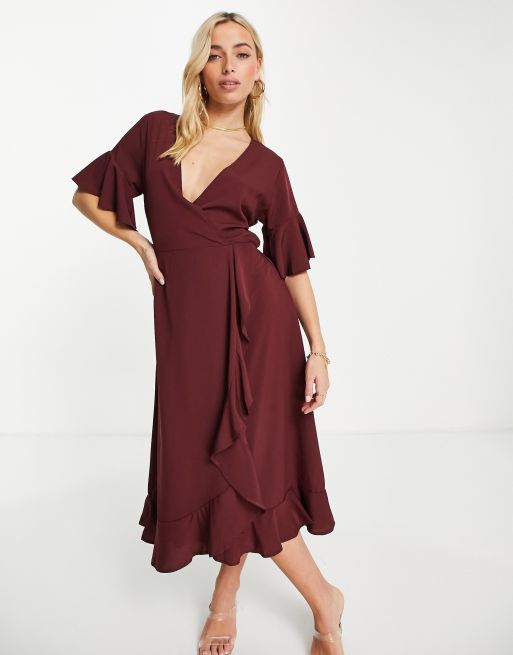 AX Paris - Vestito da cerimonia midi avvolgente color vino con volant